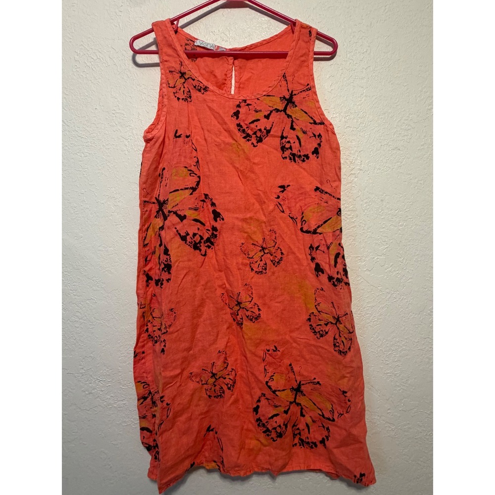 Vasna Italy Coral Orange Butterfly Print 100% Linen Shift Dress Small 221805-92